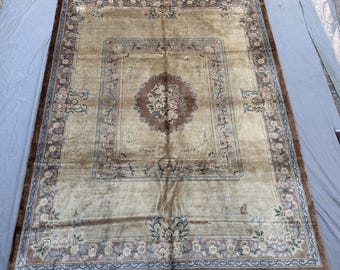 Handgefertigter Vintage Chinesischer Seidenteppich, 9x30 Floral Orientteppich, Großflächenteppich, Teppich Für Wohnzimmer