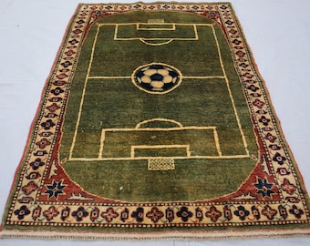 Alfombra de fútbol de lana hecha a mano: diseño de campo de fútbol, tapete de juego para niños