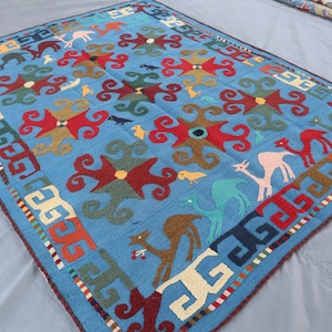5x6 Ft Embroidered Pictorial Kilim Rug - Blue Uzbek Folk Art Area Rug - Handmade Camel & Bird Motif Flatweave - Boho Wall Hanging Decor Rug