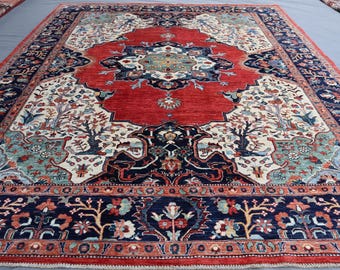 Hand-Knotted Afghan Wool Rug: 8x10 Red Ivory Heriz Design