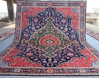 Afghan Heriz Wool Rug: 8x10 Medallion, Hand-Knotted, Navy Blue & Red