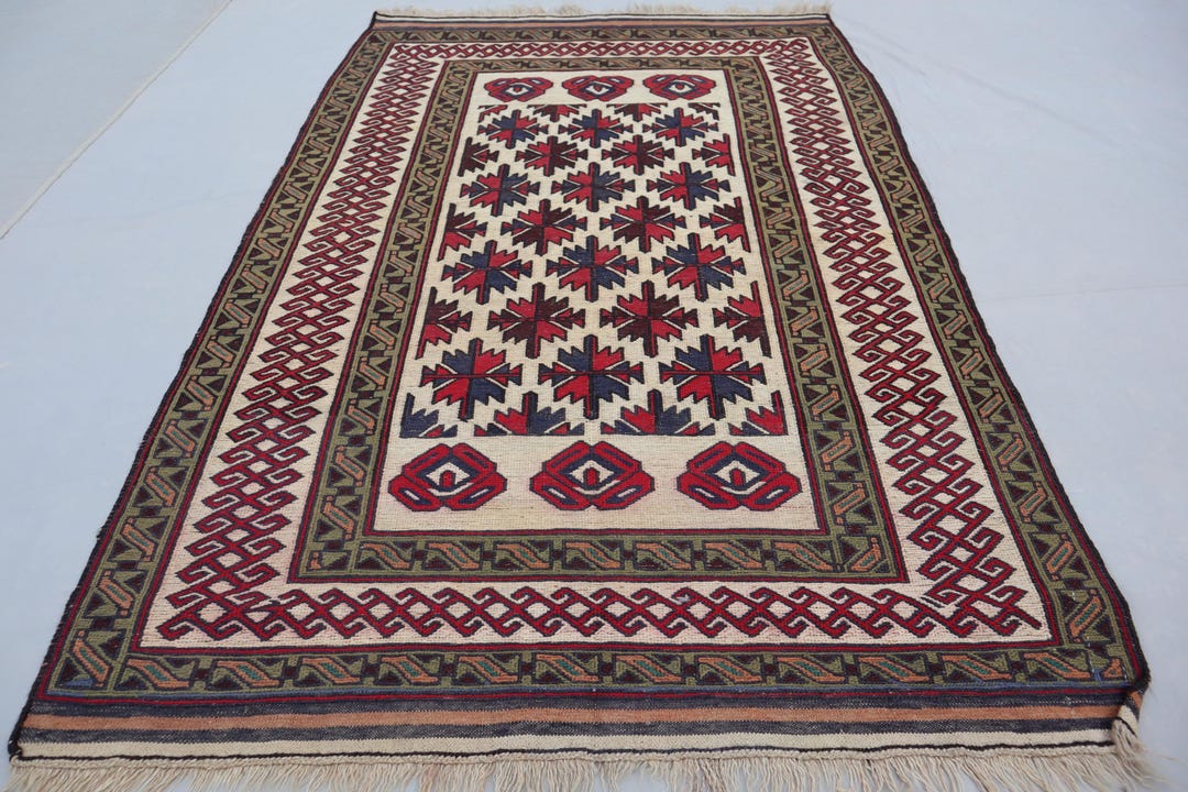 4x6 ヴィンテージ アフガン キリム ラグ：手織りウール、幾何学模様の