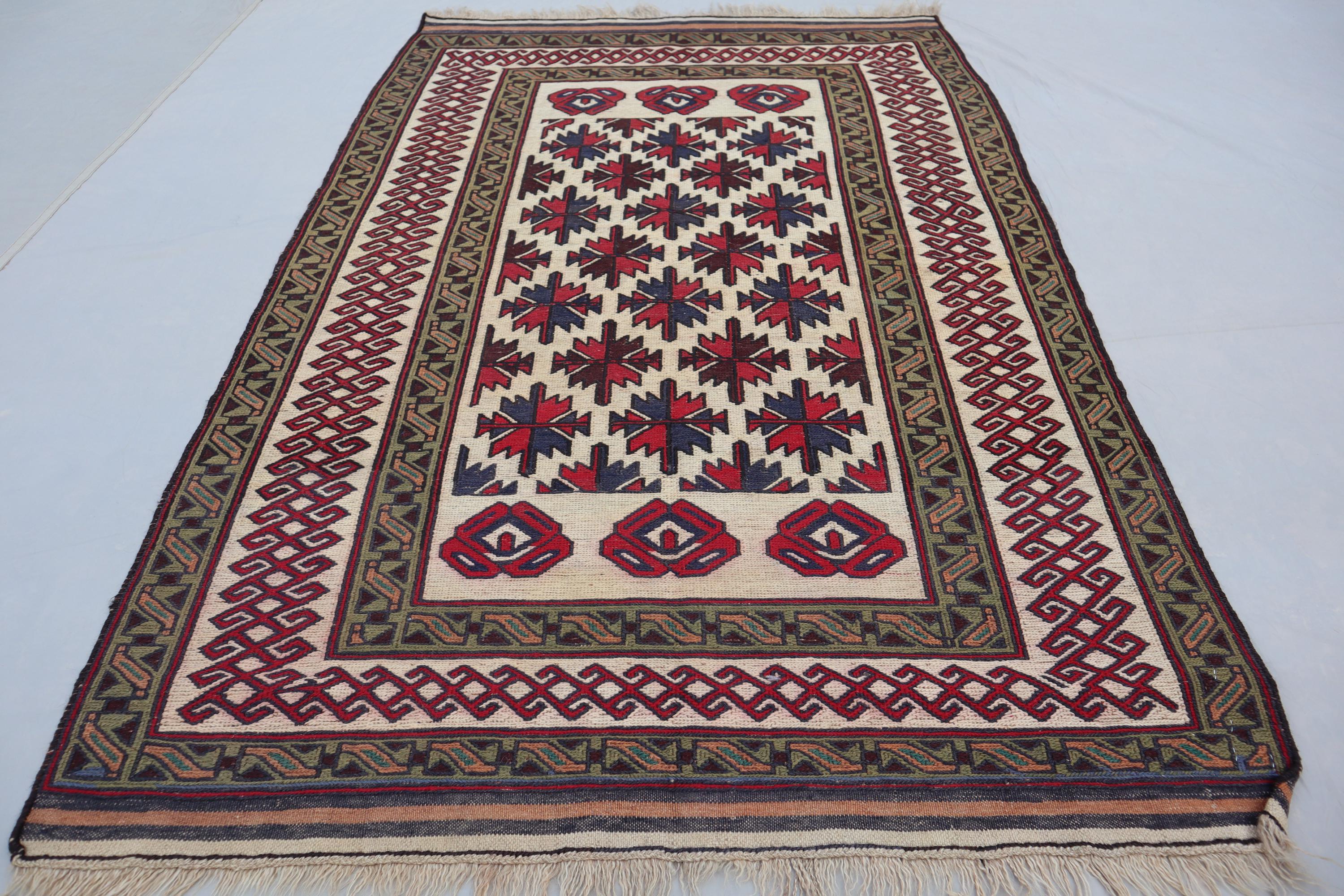 ヴィンテージキリム　ウールラグ 2x6 ヴィンテージ トルコ製 キリム ランナーラグ、ウシャック