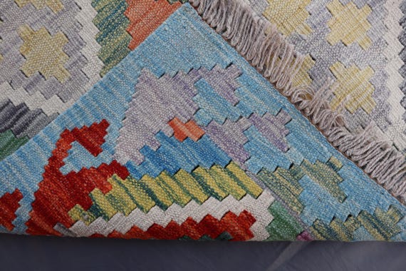 4x6 アフガニスタンキリムラグ：手織りウール、カラフルな幾何学模様
