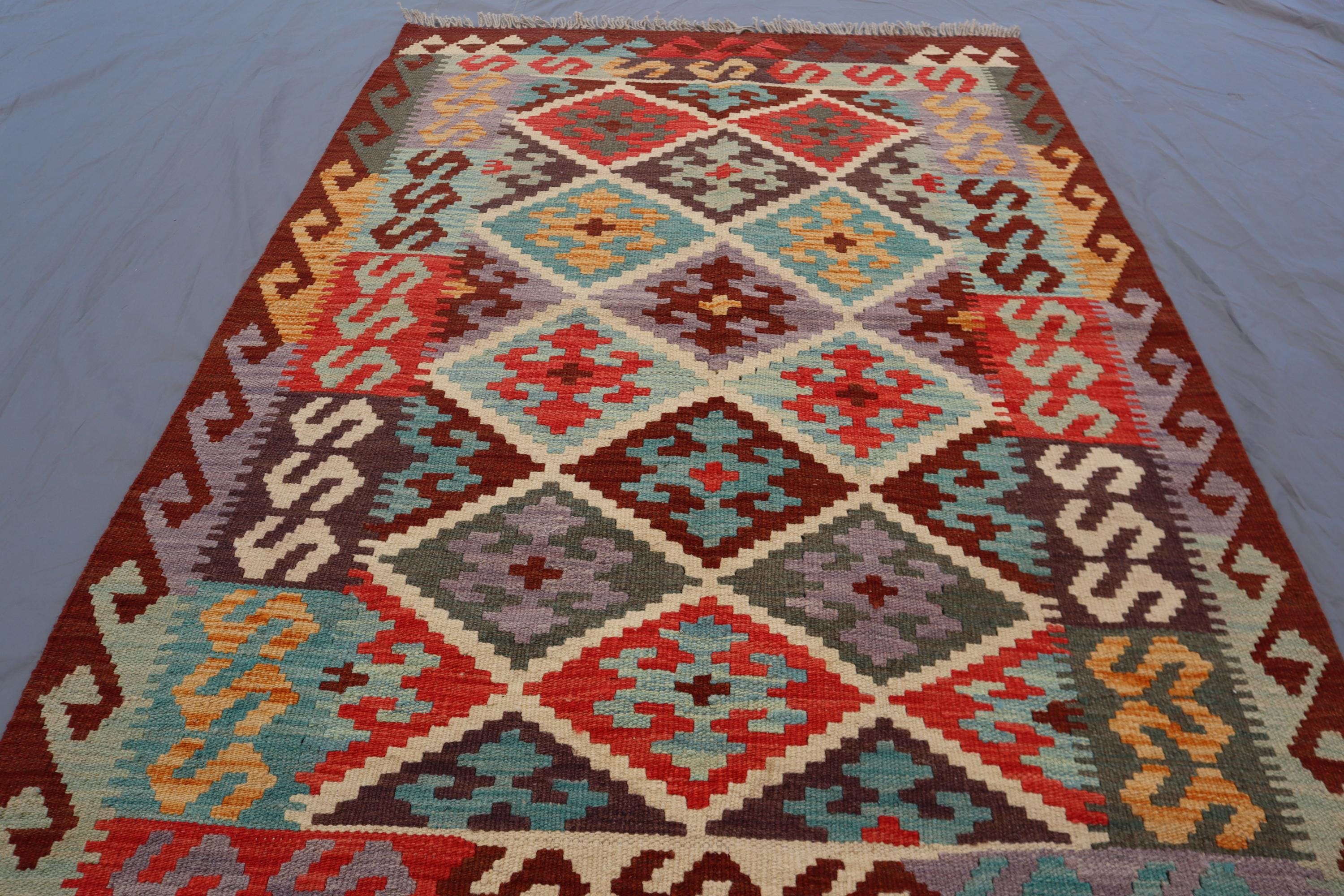 ヴィンテージ アフガン キリム ラグ: 3'4x4'10 手織りウール平織り