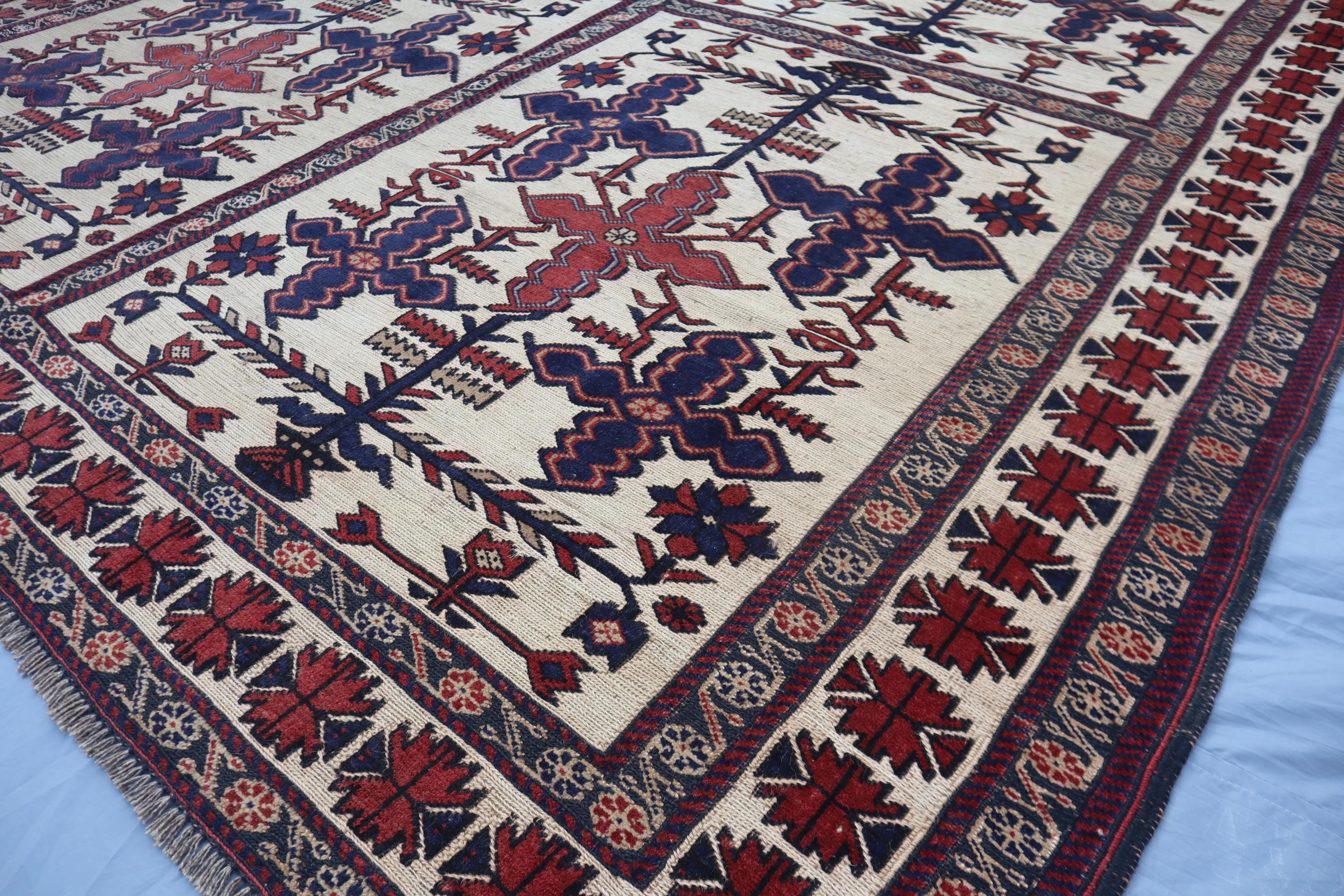Vintage Turkmen Berjasta Rug: Afghan Tribal Geometric Wool Carpet