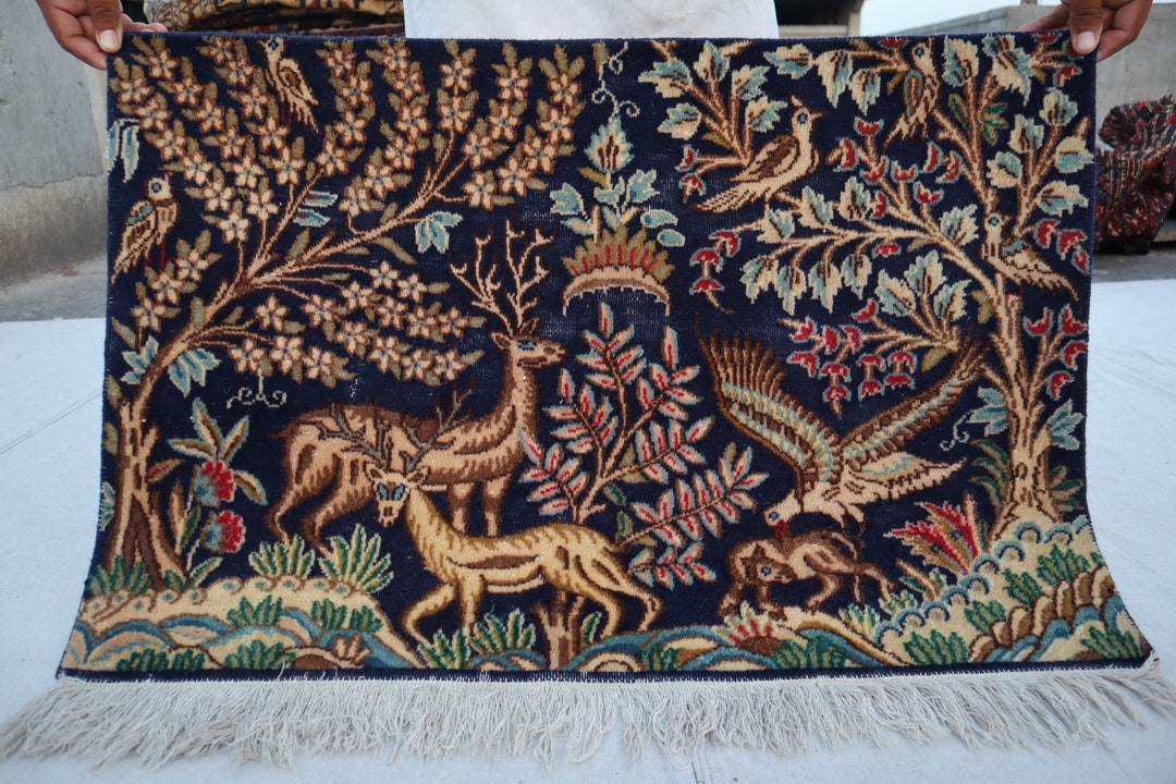 SIZE : 2x3 Feet Navy Blue Handmade Pictorial Birds Animal Home Decor ...