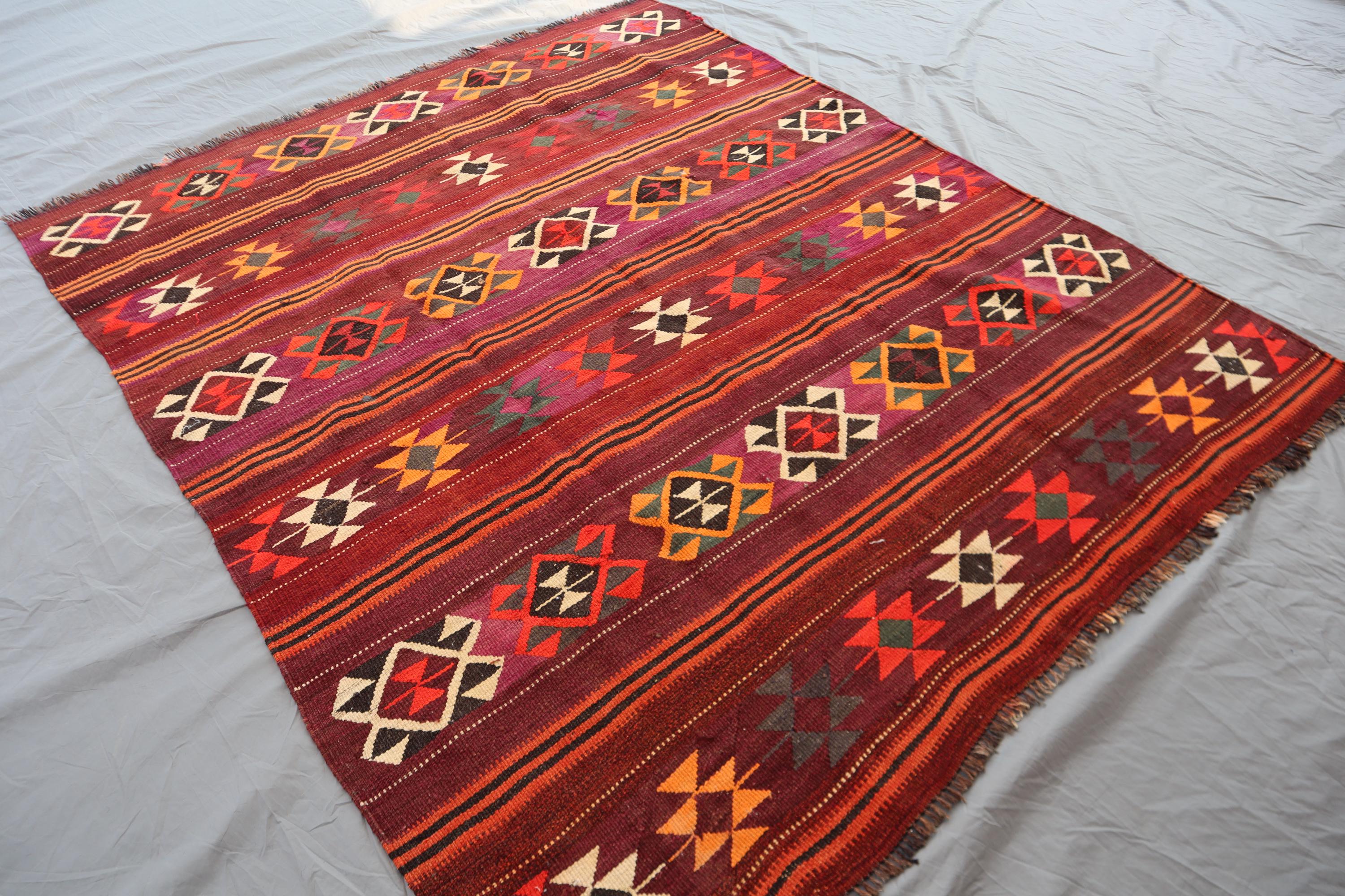 ヴィンテージアフガンキリムラグ: 5x7 ハンドメイドウール平織り