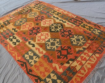 Alfombra Kilim afgana vintage de 5x7: tejido plano geométrico de lana.