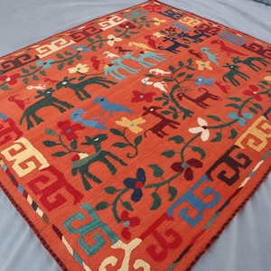 Animal Pictorial 5x6 Rust Red Suzani Uzbek Kilim Tribal Area Rug - Hand Knotted Wool Flatweave Kilim Rug - Bedroom Rug - Rug For Living Room