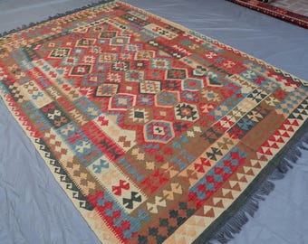 7x10 Afghan Chubi Kilim Rug – Handmade Wool, Red & Beige Tribal Design