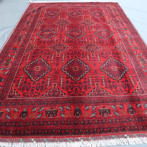 7x10 Ft Afghan Bokhara Turkmen Kalisaye Rug, Hand Knotted Wool Oriental Carpet, Vintage Red Tribal Area Rug, Authentic Afghan Decorative Rug