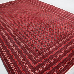 Hand Knotted Wool Afghan Bokhara Area Rug/ Tribal Red Khowaja Roshnai Design Rug/ Vintage-style Geometric Pattern/ Livingroom Rug 6.7x9.6 ft
