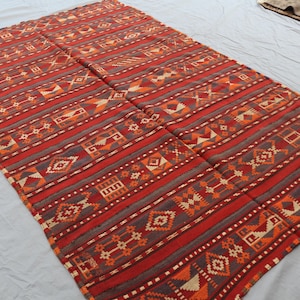 5x8 Ft Turkish Striped Kilim Rug | Handwoven Wool Area Carpet | Tribal Red Orange Geometric Flatweave Kilim | Vintage Rustic Boho Ethnic Rug