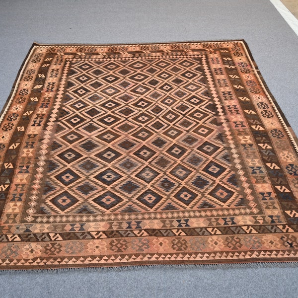 SIZE : 8'4 x 10'1 Feet Handwoven Vintage Tribal Afghan Ghallmori Maimana Kilim 100% Wool Area Square Rug. Turkish Kilim Vintage Rug