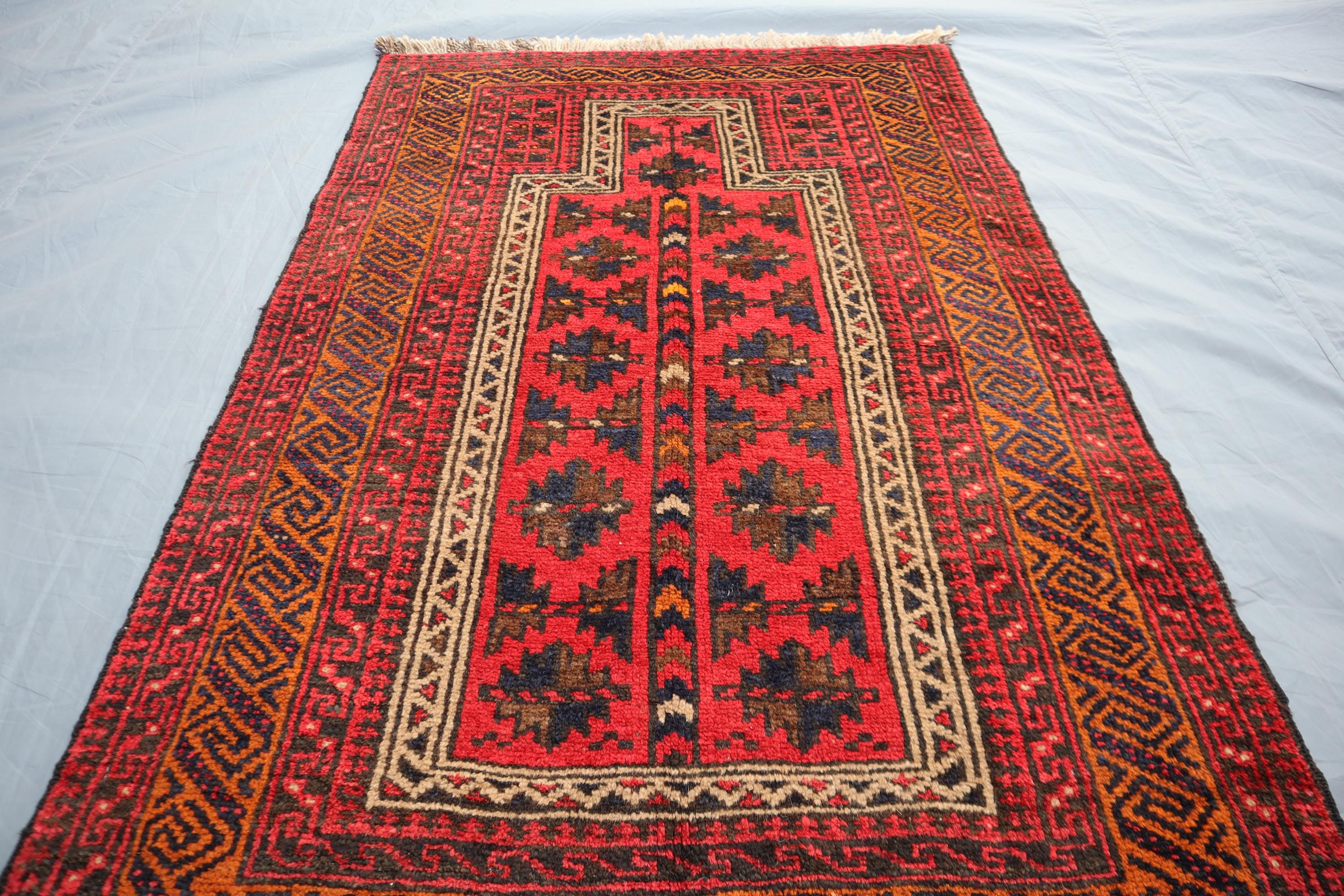 手織りウールのアフガン祈祷用ラグ：トルクメン族のデザイン、2.8 x