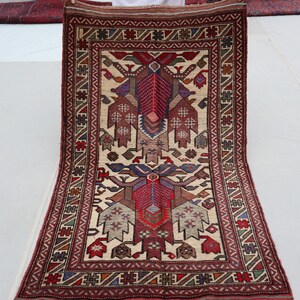 3x5 Beige, Red Berjesta Rug - Afghan Hand Knotted Antique vintage Rug - Small Accent Rug - Bedroom Rug - Rug For Living Room - Home Décor