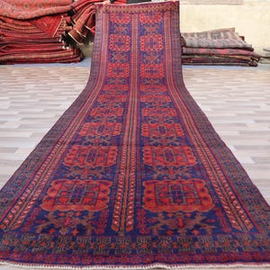 Turkmen Traditional Baluchi 13 Ft Runner Rug - Turkmen Hand Knotted Wool Tribal Patnus Gull Design Rug - Kitchen Runner Rug - Hallway Runner