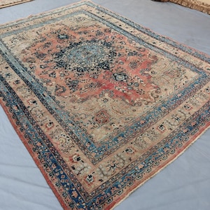 8x11 ft Antique Tabriz Parsian Style Tribal Area Rug - Hand Knotted Wool Faded Rust Rug - Parsain Low Pile Vintage Rug - Rug For Living Room