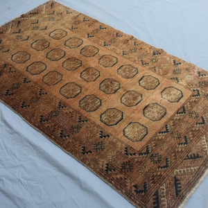 3&#39;7x6&#39;7 Afghan Bokhara Rug | Vintage Waziri Tribal Rug | Handmade Wool Terracotta Rug | Oriental Geometric Rug | Turkmen Rug | Bedroom Rug