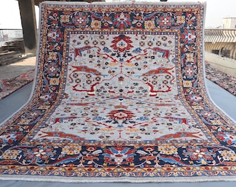 9x10 Vintage Carpet in Cream, Hand Knotted Afghan Wool Rug, Floral Pattern Oriental Decor for Living Room or Bedroom, 258x300 cm