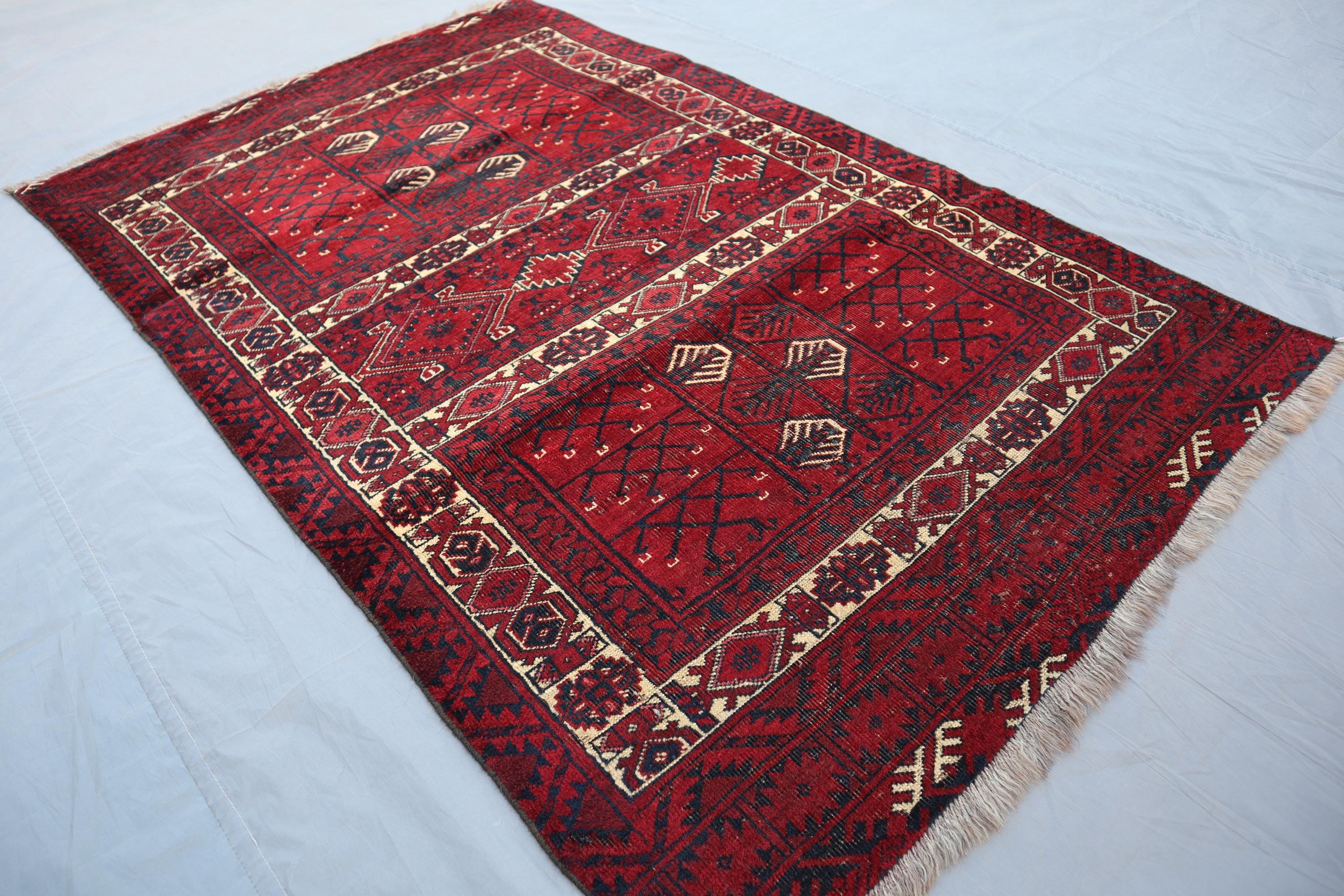 4x6 ヴィンテージ トルクメンウールラグ：手織りアフガニスタン部族