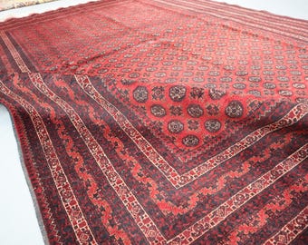 Handmade Afghan Belgic Bokhara Wool Area Rug, Vintage Turkmen Khowaja Roshnai Red Carpet - Living room Rug - Bedroom Rug - 6.10x9.6 ft Rug