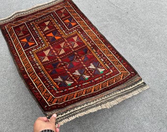 Good Price, 3x4 Ft Afghan Baluch Rug Wool, Red, Black, White