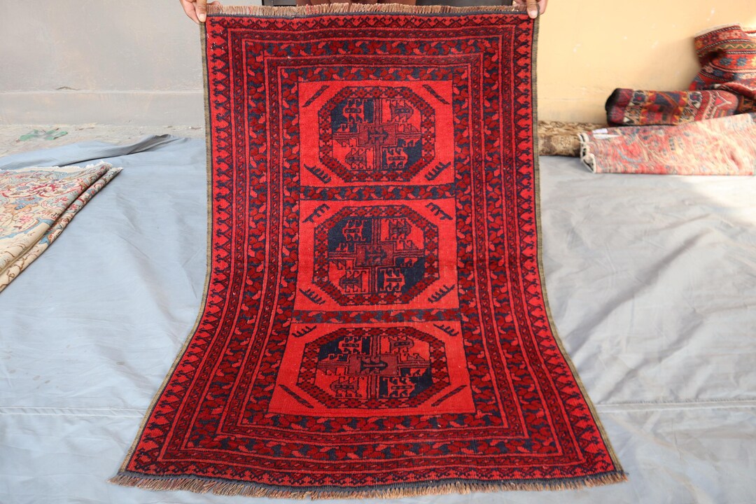 Vintage Bokhara Red Wool Rug: 2.6 X 3.8 Ft, Turkmen Tribal Design - Etsy