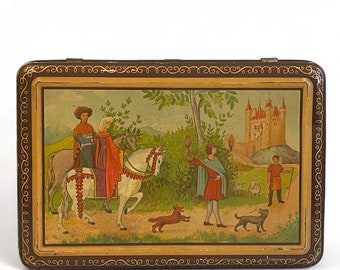 Ancienne Boîte en Fer Sérigraphie, Décor Château, Scène de Chasse, Moyen-Age