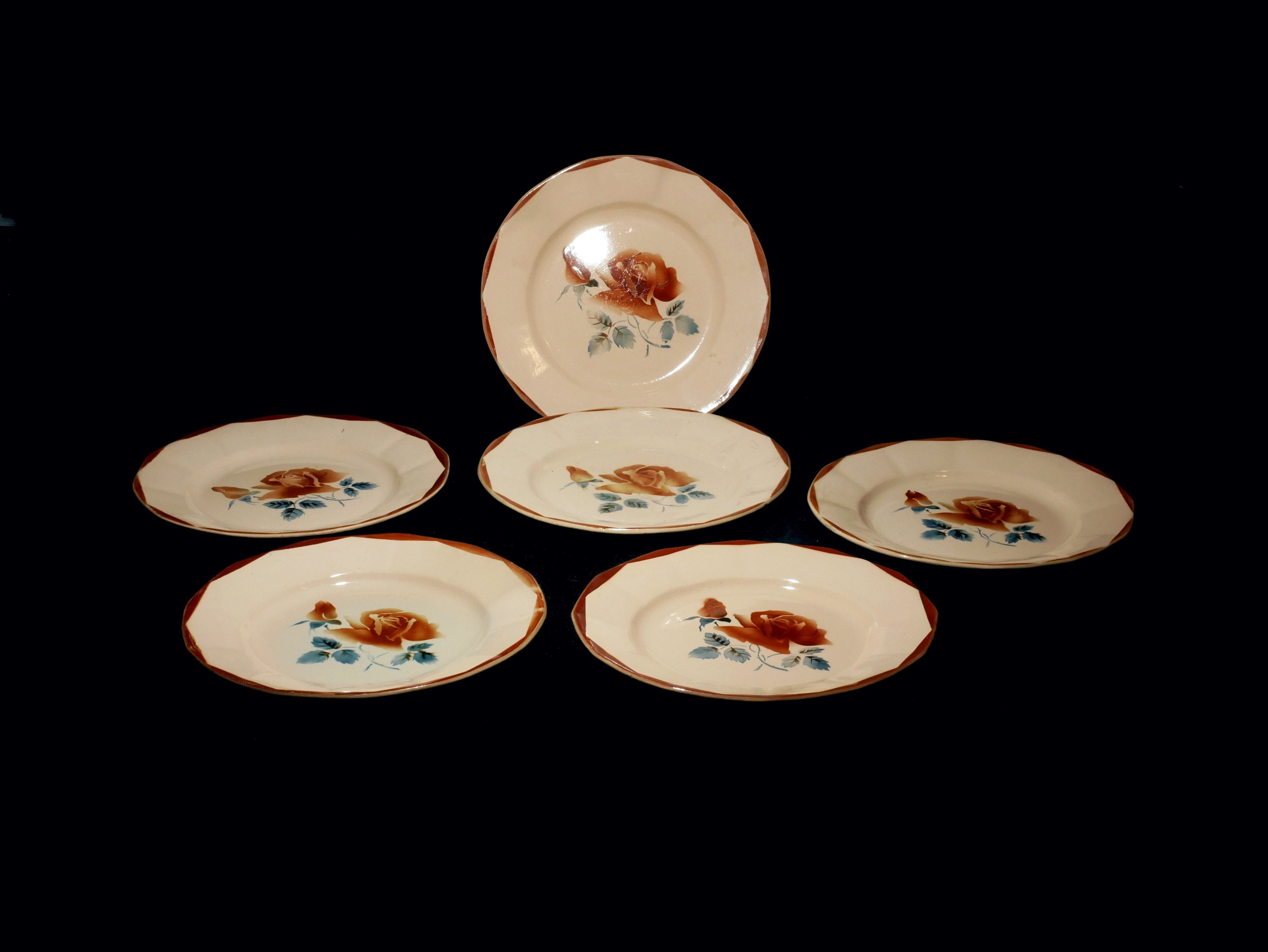 Set Of French Antique Sarreguemines Plates Art Deco Rose Flower Pattern Vintage Faience Serving Plat