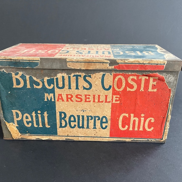 Ancienne Boîte en Fer Publicitaire pour les Biscuits Coste Marseille, Étiquette Bleu blanc Rouge