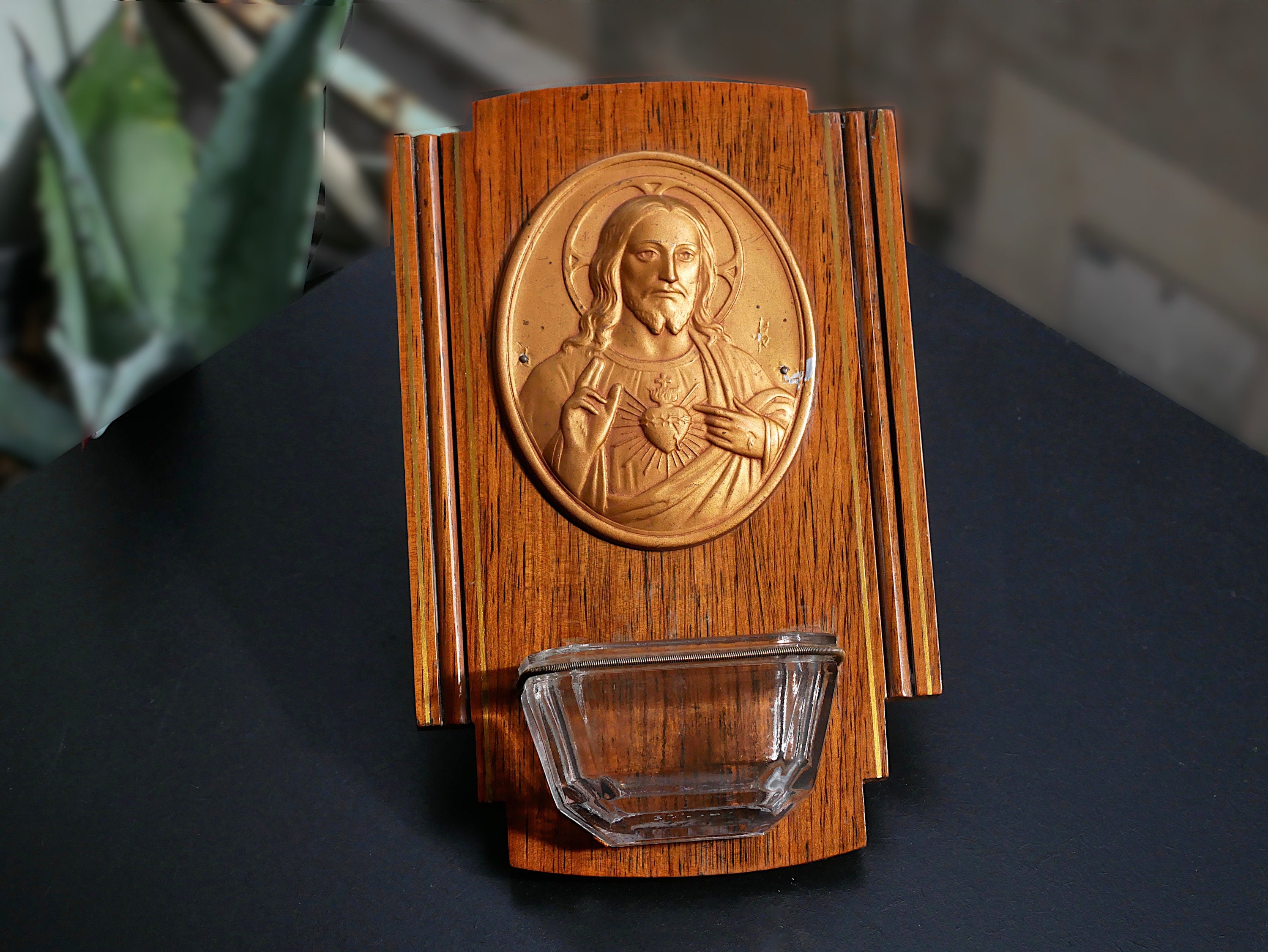 French Antique Art Deco Holy Water Font Wooden Crucifix Christ Sacred Heart Religious Collection Gif