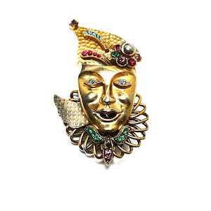 Broche Vintage Personnage, Masque Carnaval, Métal doré et  Strass multicolores West Germany