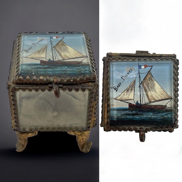 Ancien Coffret à bijoux en Verre Biseauté, Miniature Décor Marine, XIXe France.