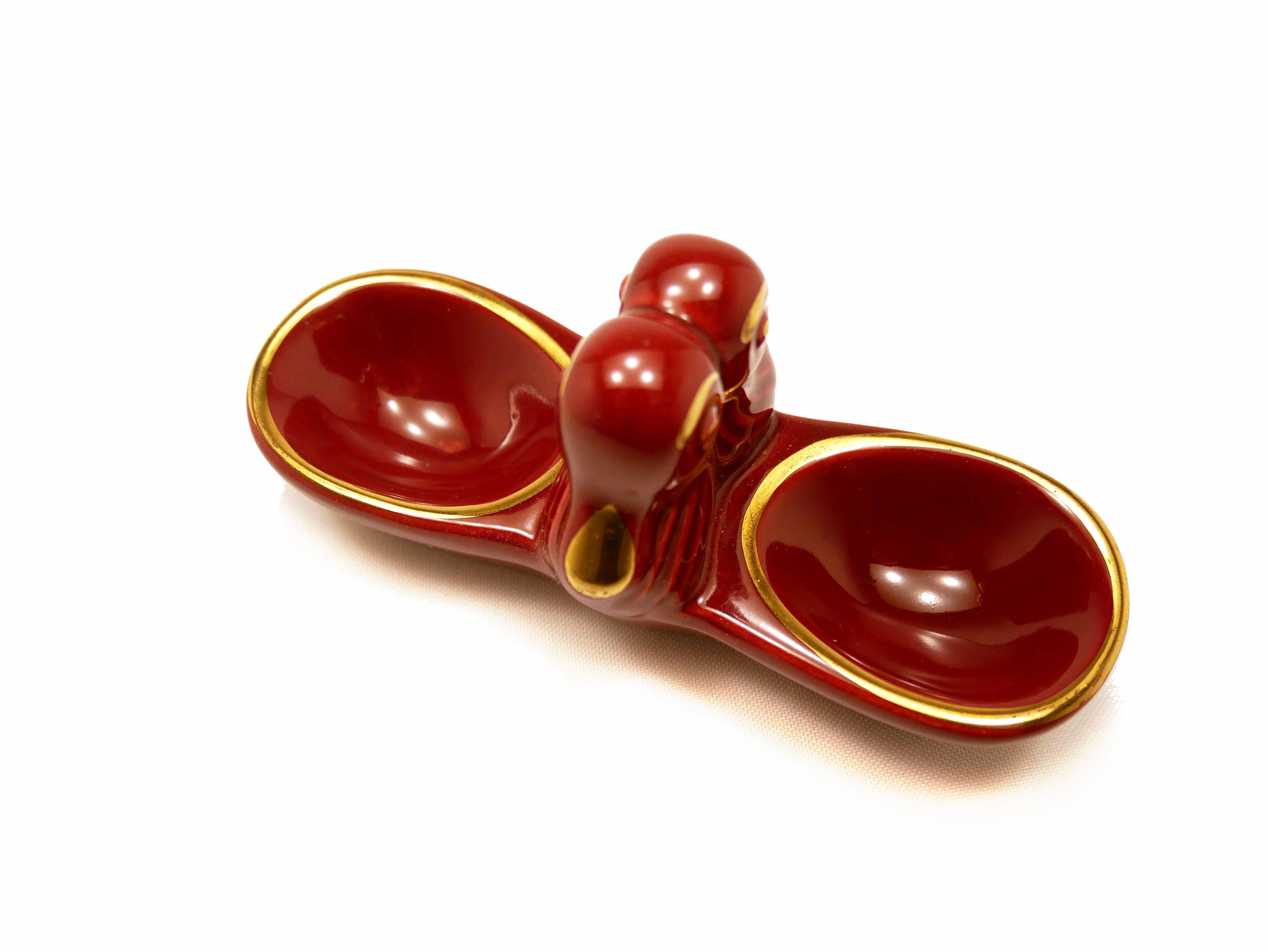 Vintage 1950 Salt Cellar Glazed Ceramic Red Purple & Gold . Stylized Duck Majolica French Decor Tabl