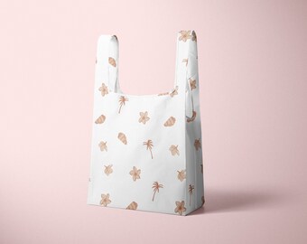 Recycled Reusable Tote Bag, Foldable Grocery Bag, Seashells, Palm Trees, Plumeria print