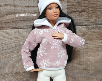 Pink christmas hoodie with snowflakes for Barbie, Poppy dolls