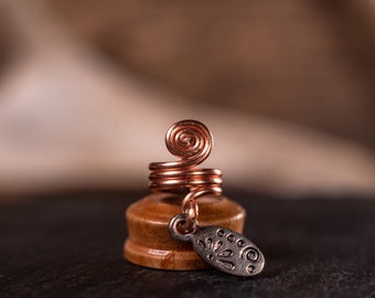 Handmade copper spiral metal dreadlock bead, with silver plated leaf trinket charm