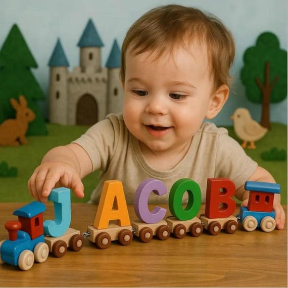 Personalised Wooden Train, Hand Cut UK Letters, Educational Toy