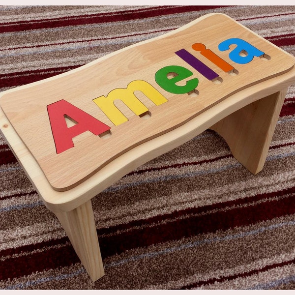 childrens jigsaw stool personalized wooden toy birth gift christening gift made in england