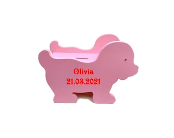 childs money box puppy dogs personalised any name personalized hand made wooden toy