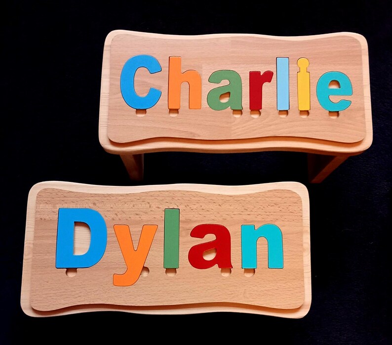 childrens jigsaw stool personalized wooden toy birth gift christening gift made in england image 3