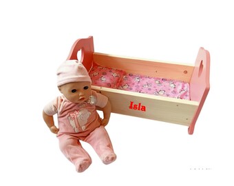 dolls cot, with bedding, dolls bed, personalised dolls cot, wooden rocking cot, large hand made cot, Made In The U.K.