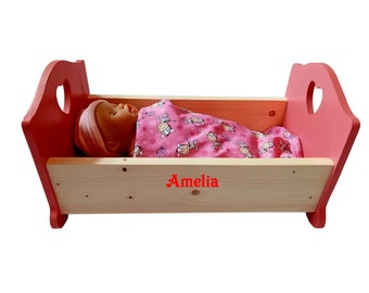 personalized dolls cot tough with bedding, dolls bed, personalised dolls cot, wooden rocking cot, large hand made cot, Made In The U.K.