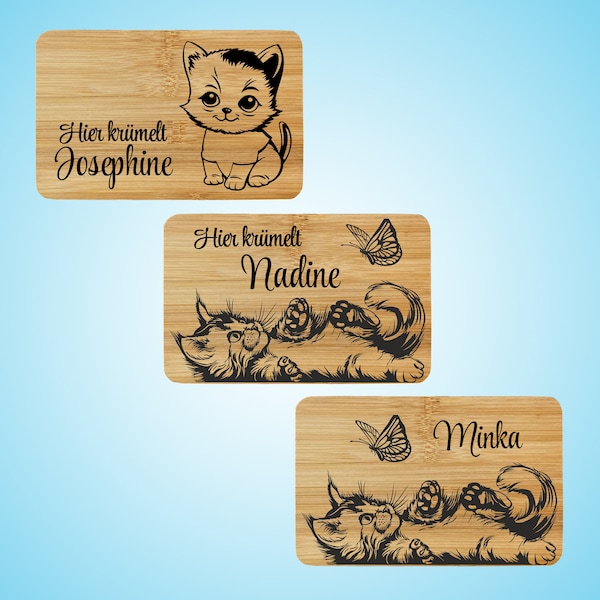 Breakfast board bamboo wood engraved motif cat with personalized name