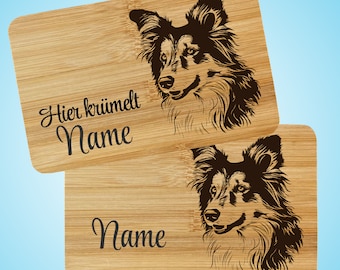 Frühstücksbrett Sheltie Brettchen Bambus Holz Lasergravur Hund Personalisiert Wunschname