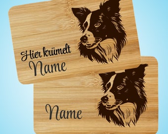 Frühstücksbrett Border Collie Brettchen Bambus Holz Lasergravur Hund hier Personalisiert mit Wunschname