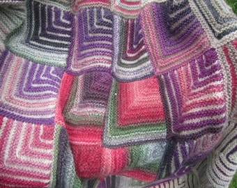 Chunky knitted wool blanket, afghan, throw.  Mitred squares like granny squares. Red, purple, green, cream, pink. Gift for her. Home decor.
