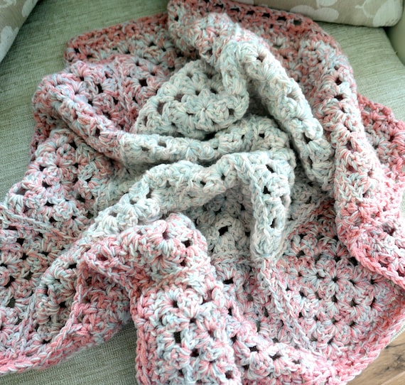 Chunky Crocheted Granny Squares Blanket in White Grey Pink. Very